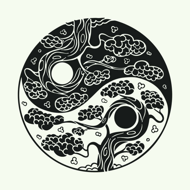illustrations, cliparts, dessins animés et icônes de arbre sakura en forme de symbole yin yang. fleur de cerisier en fleurs, art botanique dessiné à la main à l’encre dans le style traditionnel de la peinture japonaise. - sakura tree flower cherry blossom