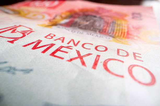 Extreme Close-Up Macro Artistic Detail Shot of the Banco De Mexico a Mexican 100-Peso Bank Note Bill stock photo