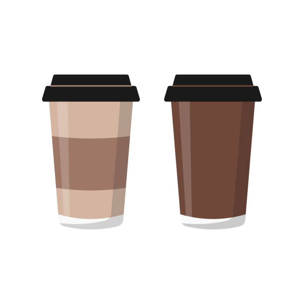 ilustrações de stock, clip art, desenhos animados e ícones de design of disposable paper cups for coffee, latte, mocha, cappuccino. vector illustration of flat icons. - paper glass