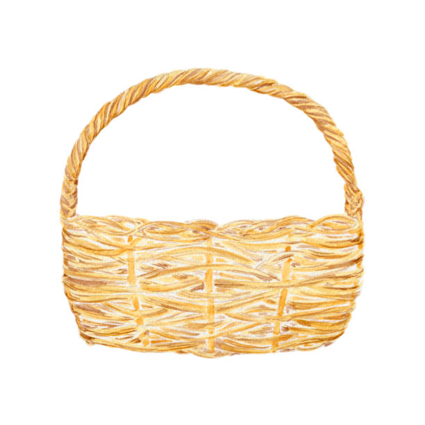 Vintage beige and yellow wicker basket isolated on white background Hand-Drawn Watercolor Illustration for Wallpaper, Banner, Textile, Postcard or Wrapping Paper homemade gift boxes stock illustrations