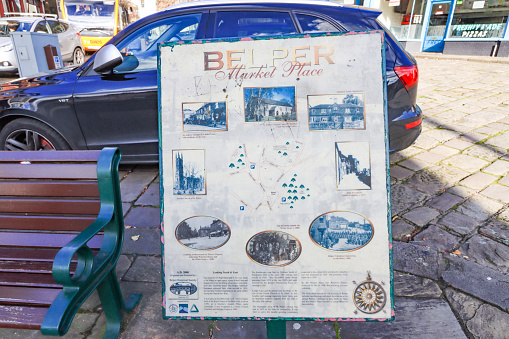 Belper Market Place Information Sign in Derbyshire, England, with pictures and illustrations visible.