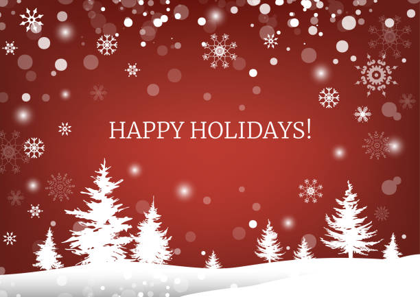 czerwone zimowe tło. szablon pocztówki happy holidays z zimowym lasem. świąteczny sztandar. - happy holidays stock illustrations