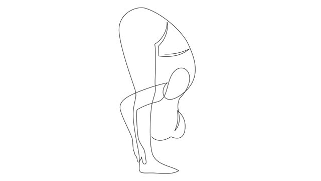 Self-drawing simple animation of continuous one line of woman doing exercise Yoga Standing Forward Fold pose. Forward bend pose drawing by hand, black single line on a white background. 4K