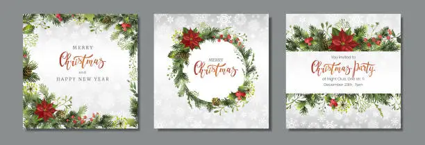 Vector illustration of Christmas square holiday cards, flyers or invitations. Set of backgrounds for winter holidays.