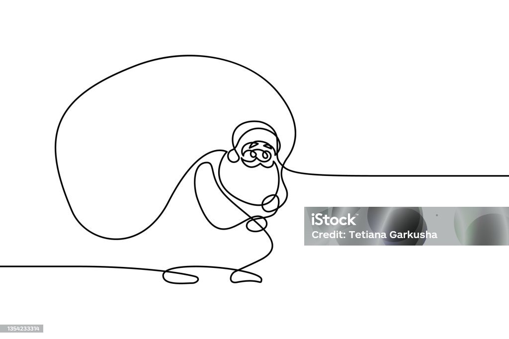 Santa carrying gifts Santa carrying heavy bag full of gifts in continuous line art drawing style. Funny Santa Claus black linear design isolated on white background. Vector illustration Christmas stock vector