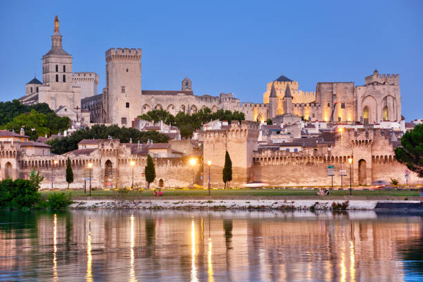 Avignon at sunset View of Avignon city and Rhone River at sunset, France avignon france stock pictures, royalty-free photos & images