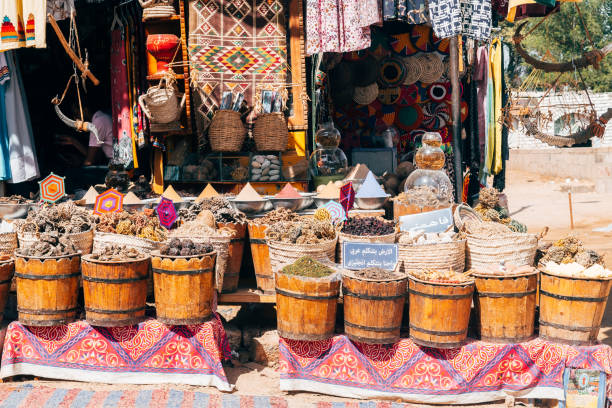 aswan, egypt. 14th october, 2021: handcraft gift are selling on nubian village close to aswan city