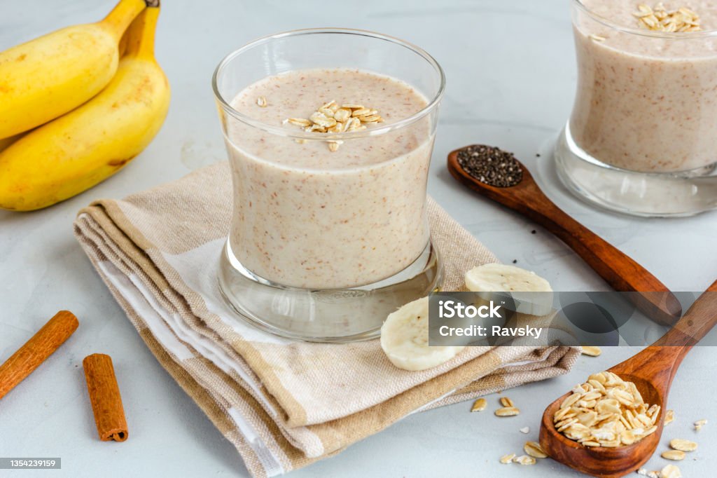 Healthy Oatmeal Smoothi e with Fruits and Seeds Oatmeal Smoothie in the Glasses, Healthy Food Photography Smoothie Stock Photo