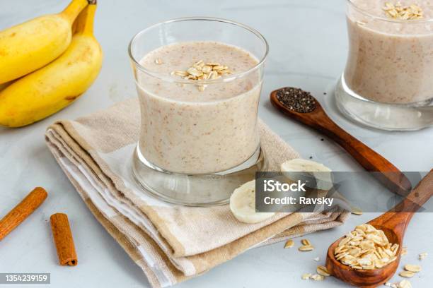 Healthy Oatmeal Smoothi E With Fruits And Seeds Stock Photo - Download Image Now - Smoothie, Oats - Food, Banana