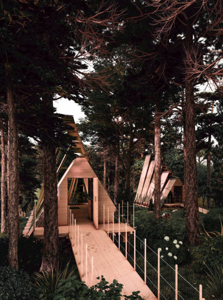 3d render of wooden meditation cabins in the forest 3d image of triangle shaped meditation cabin made up of wood in the forest. Beautiful yoga resort villas in the forest surrounded by trees and plants. triangle building stock pictures, royalty-free photos & images