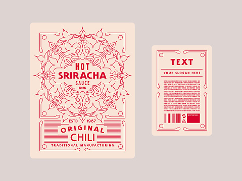 Template decorative label for sriracha chili sauce. Ornamental frame in thin line style. Vector illustration