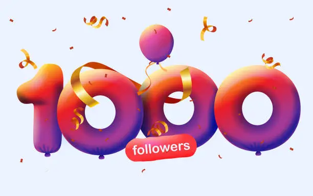 Vector illustration of banner with 1K followers thank you in form of 3d gradient balloons and colorful confetti. Vector illustration 3d numbers for social media 1000 followers thanks, Blogger celebrating subscribers, likes