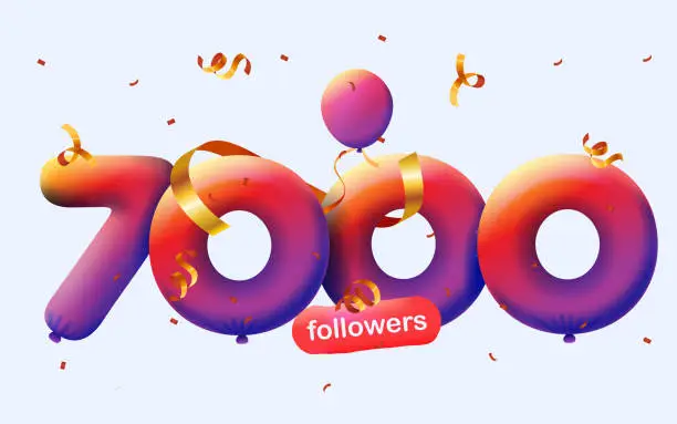 Vector illustration of banner with 7K followers thank you in form of 3d gradient balloons and colorful confetti. Vector illustration 3d numbers for social media 7000 followers thanks, Blogger celebrating subscribers, likes