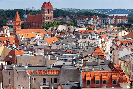 Aerial view of the historical part of the old city from the town hall tower. Poland. Torun.