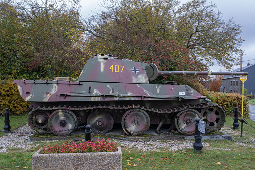 Manhay, Belgium - November 2, 2021: This German Panther tank (Panzer V G-type or ausf G) is in front of the war museum in Manhay. Liege Province. Selective focus