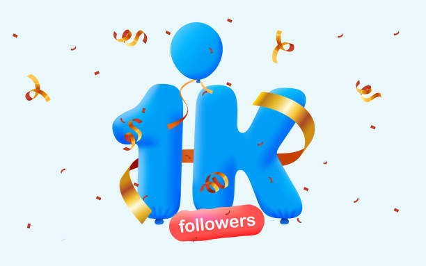 banner with 1k followers thank you in form of 3d blue balloons and colorful confetti with social twitter media sign. vector illustration 3d numbers for social media 1000 followers, concept of blogger - twitter 幅插畫檔、美工圖案、卡通及圖標
