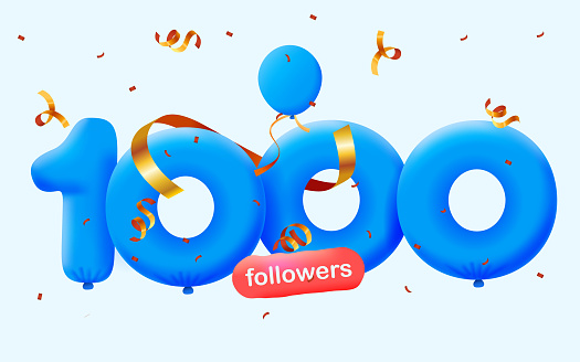 banner with 1K followers thank you in form of 3d blue balloons and colorful confetti. Vector illustration 3d numbers for social media 1000 followers thanks, Blogger celebrating subscribers, likes