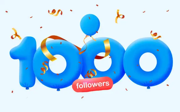 Vector illustration of banner with 1K followers thank you in form of 3d blue balloons and colorful confetti. Vector illustration 3d numbers for social media 1000 followers thanks, Blogger celebrating subscribers, likes