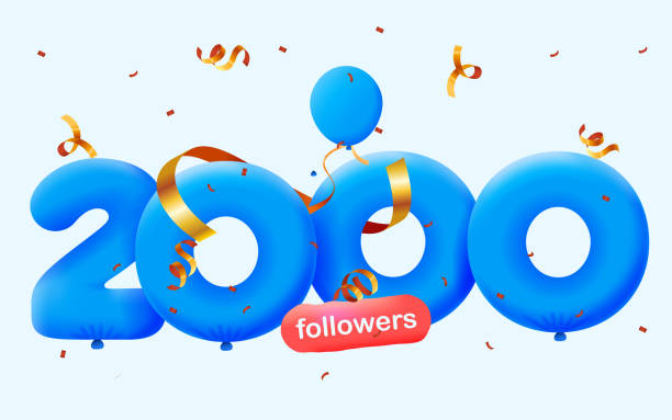 ilustraciones, imágenes clip art, dibujos animados e iconos de stock de banner con seguidores 2k gracias en forma de globos azules 3d y confeti colorido. ilustración vectorial números 3d para redes sociales 2000 seguidores gracias, blogger celebrando suscriptores, me gusta - 2000