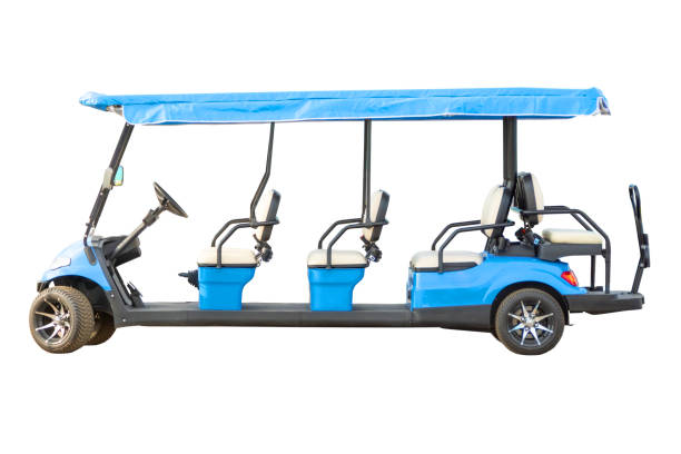 Blue Golf cart or electric, side view isolated on white background.