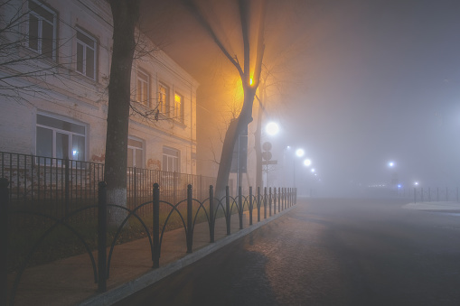 A thick fog enveloped the night street in the city. Soft focus. Light from street lamps along the road in dense fog. Foggy autumn night in the city.