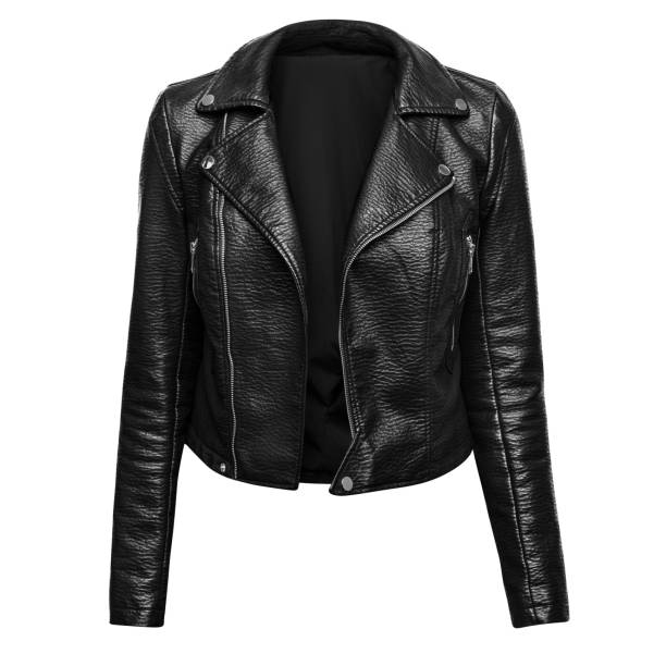 istock Woman black leather jacket isolated on white background 1354251569
