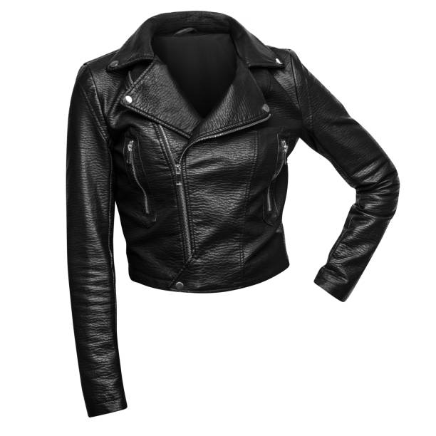 woman black leather jacket isolated on white background - casaco de couro imagens e fotografias de stock