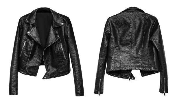 Photo of Woman black leather jacket isolated on white background