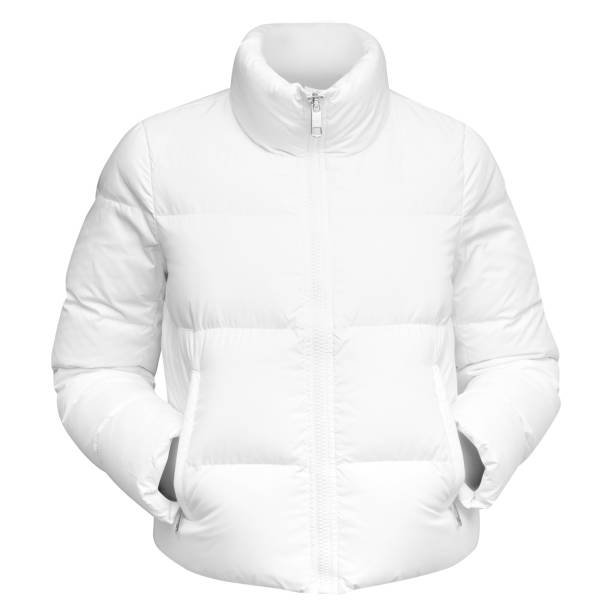 White down jacket for women front view isolated on white background stock photo