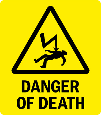 Danger of death electricity warning sign. Yellow background. Safety signs and symbols.