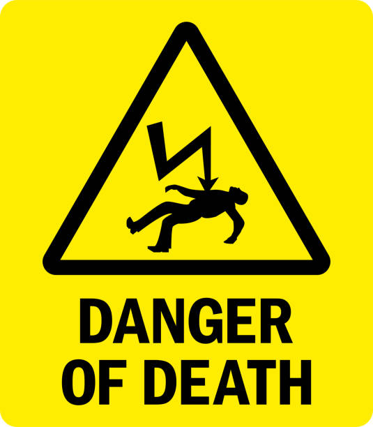 Danger of death electricity warning sign. Danger of death electricity warning sign. Yellow background. Safety signs and symbols. danger of electricity death warning sign stock illustrations