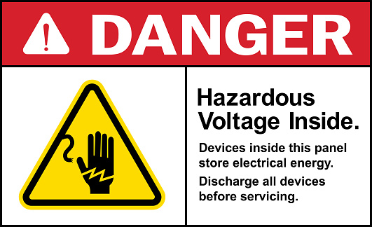 Hazardous voltage inside danger sign. Devices in this panel store electrical energy. Safety signs and labels.