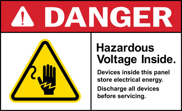Hazardous voltage inside danger sign. Hazardous voltage inside danger sign. Devices in this panel store electrical energy. Safety signs and labels. high voltage sign stock illustrations