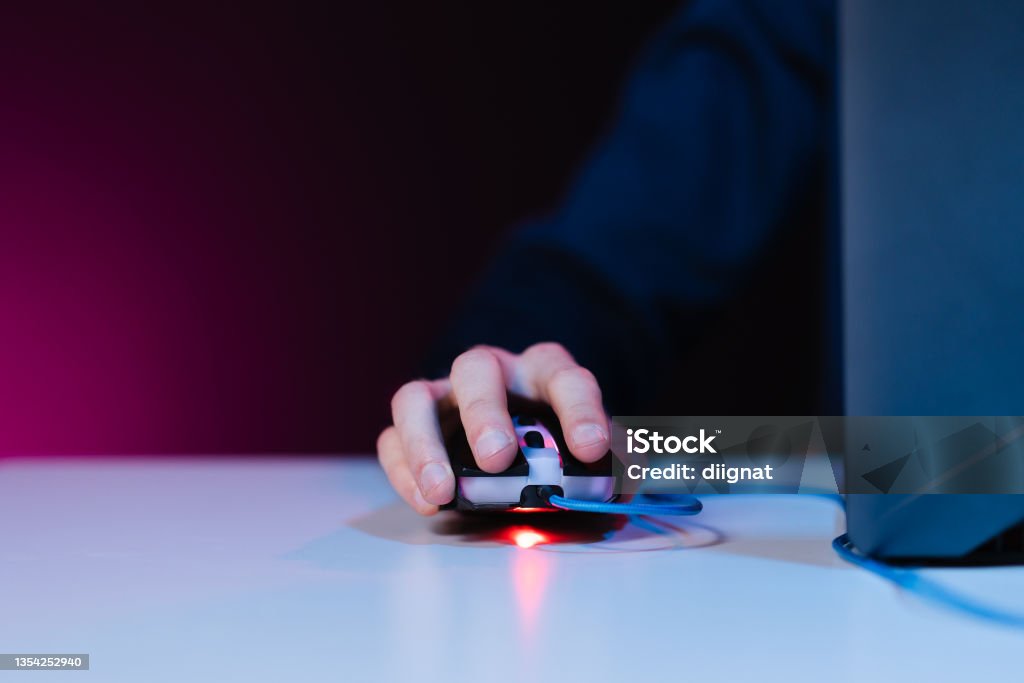 Hand Pressing Pc Human Hand Pressing Computer Mouse With Flash Of Light On Background ...