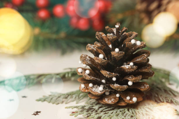 istock Christmas decoration with pine cones and blurred bokeh lights 1354254188