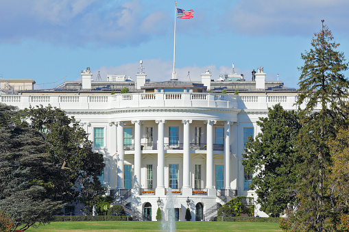 Washington, USA - 04 03 2018: Tourists group in front of  White house Washington DC