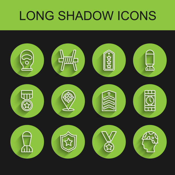 Set line Aviation bomb, Military reward medal, Balaclava, Army soldier, Target sport, Dynamite and timer clock and Chevron icon. Vector Set line Aviation bomb Military reward medal Balaclava Army soldier Target sport Dynamite and timer clock and Chevron icon. Vector. combat infantry badge stock illustrations