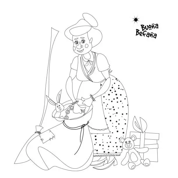 Vector illustration of Old woman takes out gifts from a bag. Buena Befana (happy Epiphany). Coloring page.