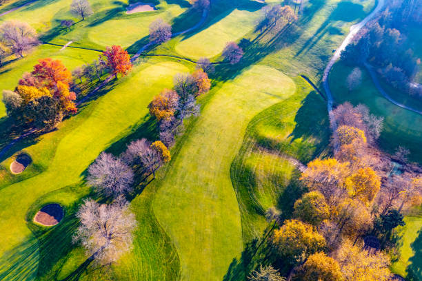 aerial view of residential distratic at rutherford road and islington ave., detached and duplex house, woodbridge, vaughan, canada - deciduous tree autumn canada house imagens e fotografias de stock