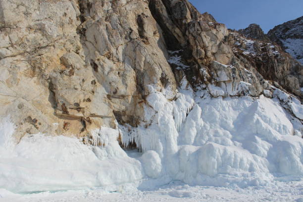 istock Baikal lake in winter, ice formations, cliff, snow landscape 1354262186