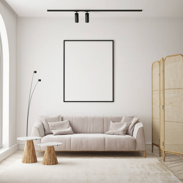 istock mock up poster frame in modern interior background, living room, Scandinavian style, 3D render, 3D illustration 1354262366