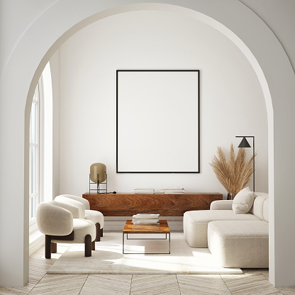 maqueta del marco del póster en fondo interior moderno, sala de estar, estilo escandinavo, renderizado 3D, ilustración 3D photo