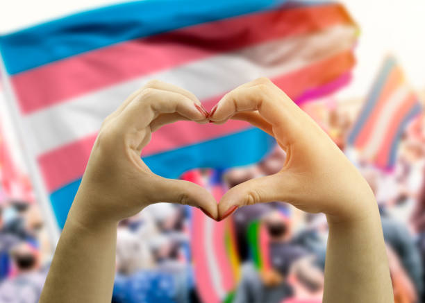 hands making hear shape over transgender flag in background - transgender stockfoto's en -beelden