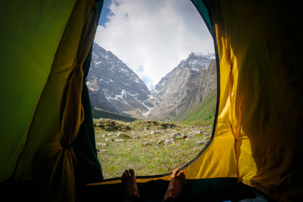 istock View from the tent to the snowy mountains 1354265897