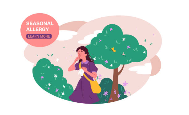 Seasonal allergy concept Seasonal allergy concept. Young woman walks in park and sneezes due to allergic reaction to plant pollen. Landing page design. Cartoon modern flat vector illustration isolated on white background allergy stock illustrations