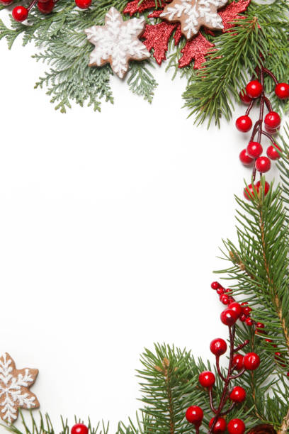istock Christmas decoration. Christmas tree branches, red berries and snow flake shaped cookies on white background. 1354267833