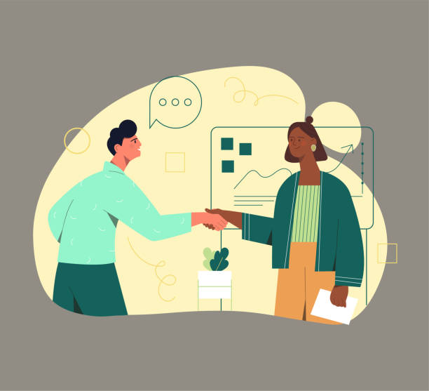 ilustraciones, imágenes clip art, dibujos animados e iconos de stock de concepto de actividades empresariales - men women handshake business