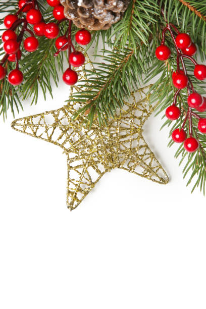 istock Golden Christmas star-shaped ornament and tree branches with red berries, close up 1354268154