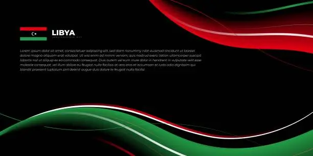 Vector illustration of Black background design with waving red and green lines. Libya Independence day template design