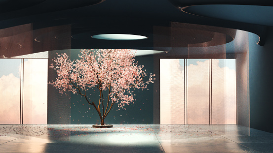 An empty room with a wavy ceiling and a cherry tree